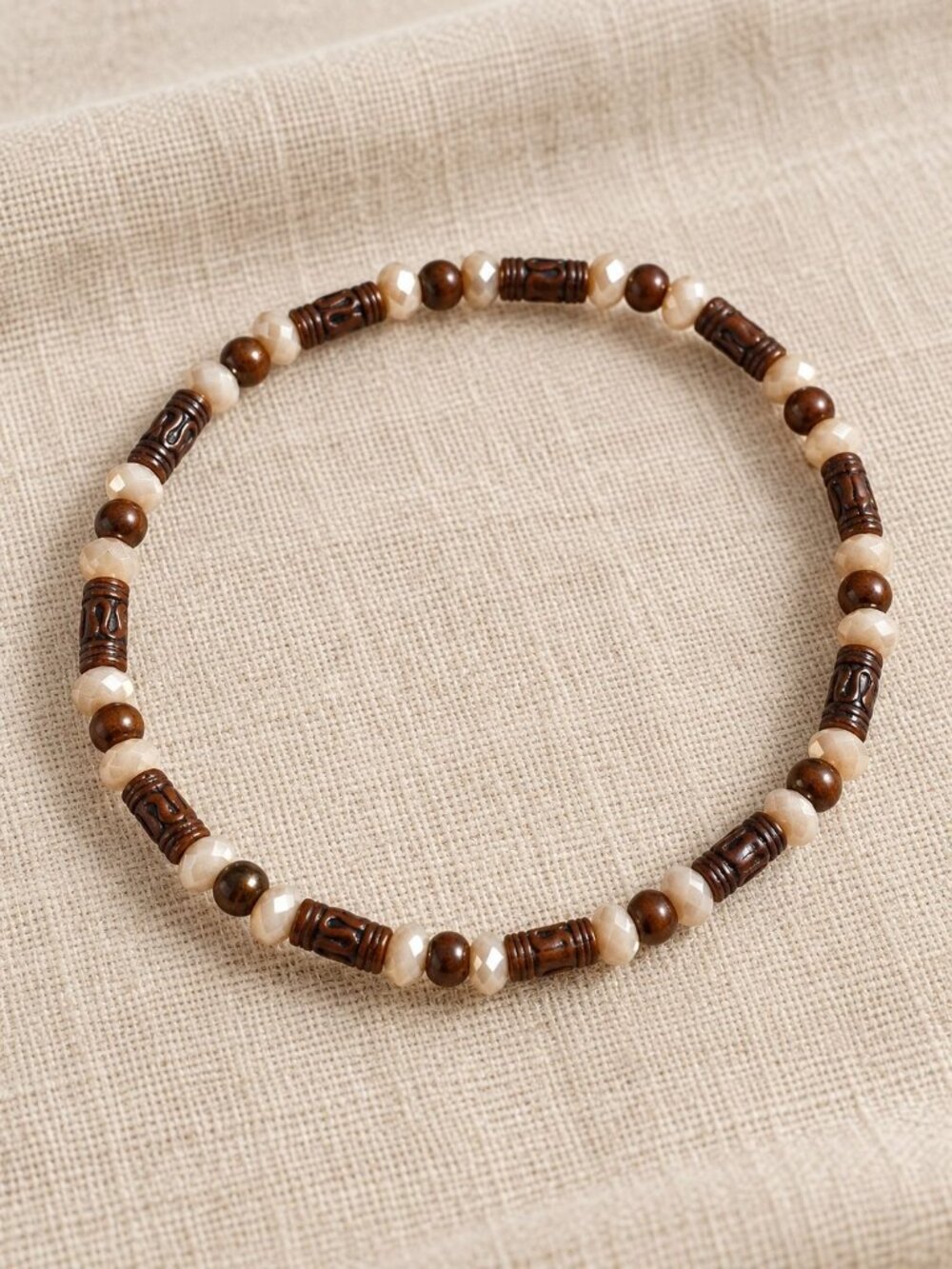 Handmade Stretch Bracelet Brown Beads Cream Faceted Accent Rustic Boho Style